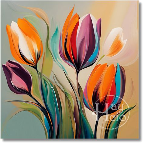 This abstract painting of tulips is not just about flowers. It's about the feelings that colors can bring out. I have used many bright colors, it's like the tulips' feelings have turned into colors and filled the painting with a happy and lively feeling. Tulip Painting, Flower Paintings, Painting Abstract, Painting Ideas, Bright Colors, Flower Painting, Tulips, Abstract Painting, Paintings