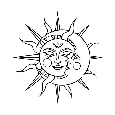 Sun And Moon Tattoo Stencil, Moon Tattoo Stencil, Beginner Tattoo Stencils, Cosmic Tattoo, Line Tattoo Ideas, Sun And Moon Tattoo, Hippie Tattoo, Beginner Tattoos, Ear Tattoo Ideas