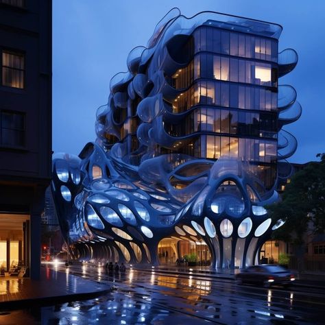 Futuristic Hotel, Clay Architecture, Parametric Architecture, Parametric Design, Green Clay, Rainy Night, Blue Whale, Ethereal Beauty, Urban Landscape