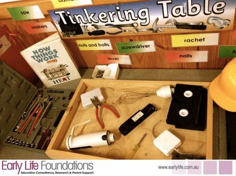 Tinkering Table - Walker Learning *** If I wanted to make it something that I can put away after discovery- could make it 'tinkering box' Tinkering Table, Tinkering Station, Tinker Table, Investigation Table, Investigation Station, Investigation Area, Walker Learning, Finger Gym, Reception Class