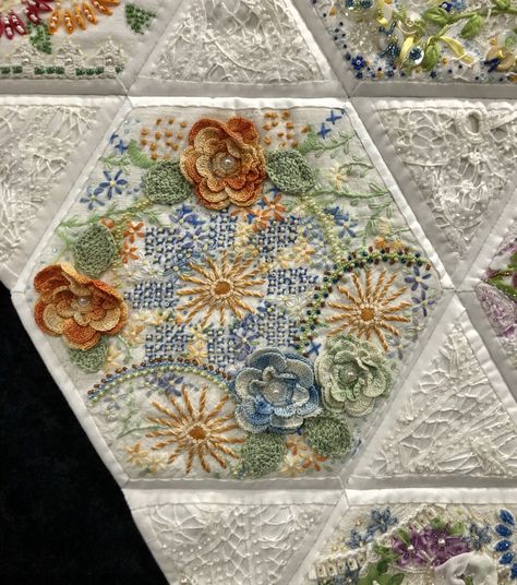 The “yet to be named” vintage linens hexagon crazy quilt. – Rhonda Dort Crazy Patchwork Quilt, Rhonda Dort, Quilt Journal, Vintage Handkerchiefs Crafts, Handkerchief Embroidery, Hexie Quilts Patterns, Handkerchief Crafts, Hexie Quilt, Crazy Quilt Blocks