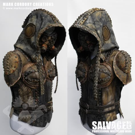 A post apocalyptic quilted fabric & leather hooded vest with tyre detailing.  SALVAGED Ware enquiries welcome @ www.markcordory.com Post Apocalypse Outfit, Dystopian Character, Apocalypse Armor, Apocalyptic Outfit, Post Apocalyptic Outfit, Apocalypse Costume, Post Apocalyptic Clothing, Apocalypse Fashion, Wasteland Warrior