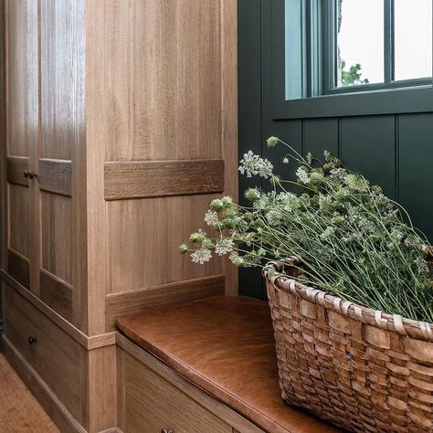 Angela Wheeler (@buildingwalnutfarm) • Instagram photos and videos Entryway Table Styling, Oak Bench Seat, White Oak Bench, Deacons Bench, Leather Bench Seat, Entryway Tile, Mudroom Cabinets, Mudroom Decor, Bar Inspiration