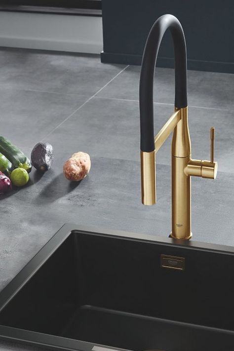 Gold Kitchen Tap, Minimalist Sink, Sink Trends, Grohe Kitchen Faucet, Professional Single, Gold Kitchen Faucet, Gold Taps, Dark Grey Kitchen, Box House