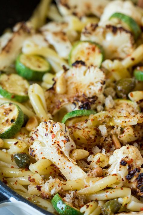 caramelised cauliflower pasta close up Cauliflower And Zucchini Recipes, Cauliflower Zucchini Recipes, Cauliflower Zucchini, Caper Butter, Butter Cauliflower, Light Pasta Dishes, Vegan Cauliflower Recipes, Lazy Cat Kitchen, Cauliflower Pasta