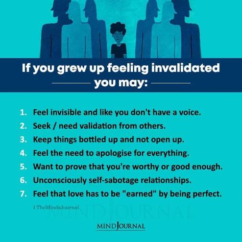 If You Grew Up Feeling Invalidated You May:- Feel invisible and like you don’t have a voice; Seek/ need validation from others; Keep things bottled up and not open up; Feel the need to apologise for everything; Want to prove that you’re worthy or good enough; Unconsciously self-sabotage relationships; Feel that love has to be “earned” by being perfect. #feelinginvalidate #mentalhealth Invalidated Feelings Quotes, Invalidated Feelings, Feeling Invalidated, Validation From Others, Attract Wealth And Prosperity, Feel Invisible, Feeling Invisible, High Functioning, Writing Motivation