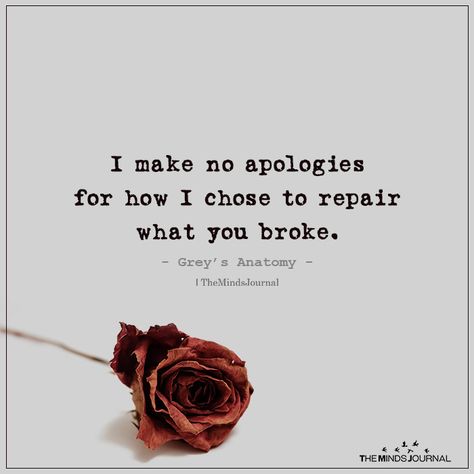 "I make no apologies for how I chose to repair what you broke" - Grey's Anatomy I Make No Apologies For How I Chose, I Make No Apologies Greys Anatomy, Greys Anatomy Quotes Deep, No Apology Quotes, Quotes Apologize, You Broke Me Quotes Deep, Im Gone Quotes, I Will Always Love You Quotes, Big Little Quotes