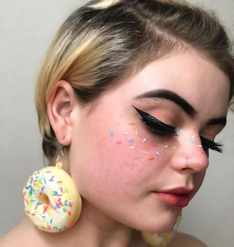 Sprinkle Freckles, Women Chef, Giant Donut, Donut Earrings, Freckles Makeup, Cheek Makeup, Sprinkle Donut, Female Chef, Cosmetology School