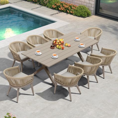 PRICES MAY VARY. The all-weather dining table set includes: 1 X dining table (80.71"L x 38.58"W x 29.13"H), 8 X dining chairs (19.69"L x 18.5"W x 29.33"H), and 8 X cushions. Premium Material: All Aluminum frames with powder coating impart exceptional structural robustness, ensuring long-term integrity and rust resistance. Ergonomic Design: The backrest angle of dining chairs is optimized for superior ergonomic support and comfort. Soft Cushion: High-density fabric and sponge create a soft, durab Porch Landscaping, Small Outdoor Patios, Modern Outdoor Dining, Rattan Chairs, Outdoor Patio Table, Outdoor Table Settings, Front Porch Decorating, Patio Dining Table, Modern Patio