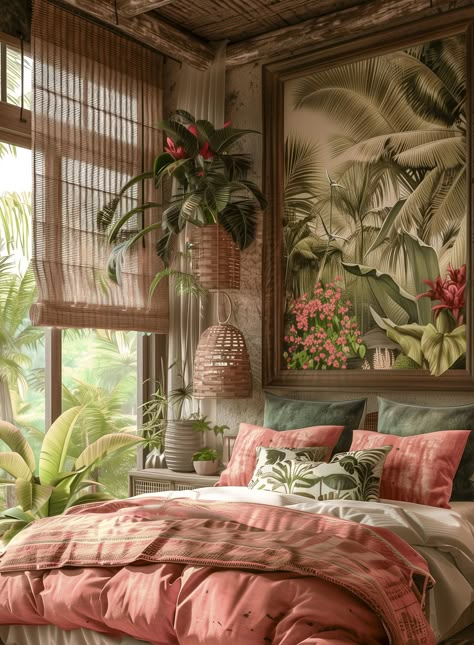 Bedroom Ideas Summer Vibes, Tropical Room Ideas Bedroom, Summer Aesthetic Bedroom, Rainforest Bedroom Ideas, Jungle Bedroom Ideas For Adults, Vibrant Bedroom Ideas, Rainforest Bedroom, Interior Design Tropical, Tropical Theme Bedroom