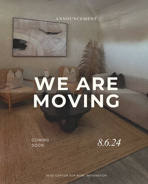 The wait is over 🖤 The announcement you’ve been waiting for! Please read til the end. (Yes, this is a sneak peek of the new space 😍) Skyn Spot will be moving to our bigger location and will start accepting clients there on August 6th, 2024. If your appointment is on August 6th or after, you will be coming to our new location. Check your email later today for the address! There’s been a little confusion regarding the move. For clarification, this is NOT a second location. The current space ... Salon Moving Announcement Ideas, Salon Relocation Announcement, New Location Announcement Salon, New Location Announcement, We're Moving Announcement, We’ve Moved Announcements Free, New Space, New Location, Relocation