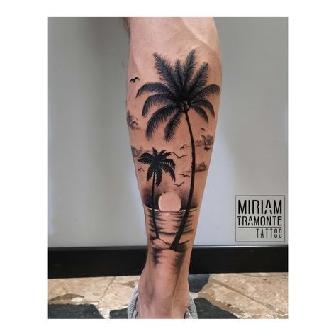 340+ Beach Tattoo Designs (2023) - TattoosBoyGirl Calf Tattoo Men, Back Of Leg Tattoos, Tropical Tattoo, Tattoo Artist Tattoo, Sunset Tattoos, Palm Tattoos, Artist Tattoo, Silhouette Tattoos, Palm Tree Tattoo