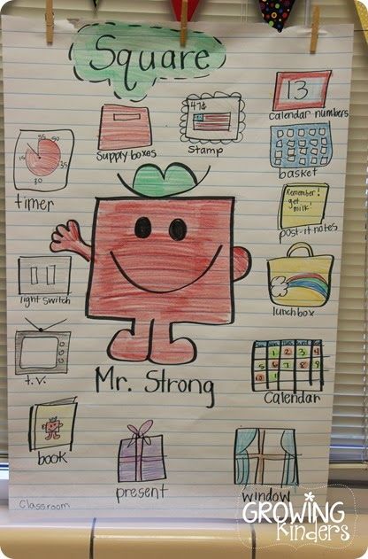 fun with shapes using the Mr Men books Shape Anchor Chart, Mr Strong, Shape Study, Roger Hargreaves, Kindergarten Anchor Charts, Shapes Kindergarten, Teaching Shapes, Classroom Anchor Charts, Math Anchor Charts