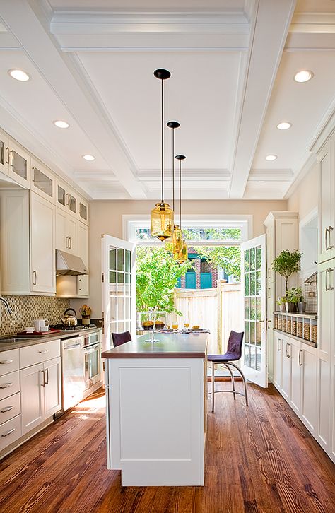 Wentworth project - Turret modern pendant lights over kitchen island #modernlight Galley Kitchen With Island, Kitchen Galley, Galley Kitchen Design, Galley Kitchen Remodel, Galley Kitchens, Interior Design Per La Casa, Narrow Kitchen, American Kitchen, Galley Kitchen