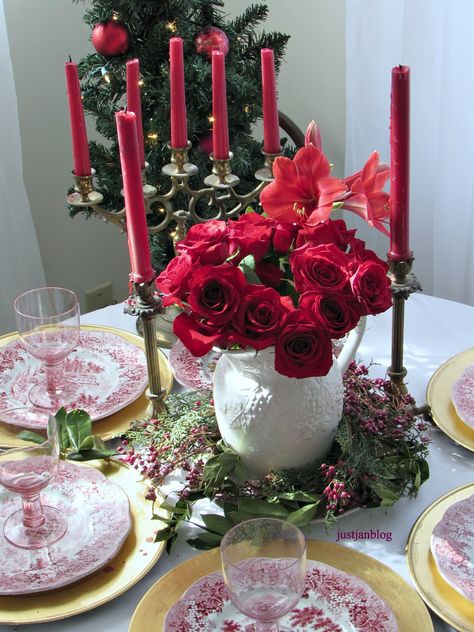 A Red and White Christmas Table | justjanblog Red And White Christmas Table, Red Toile Christmas, Christmas Table Settings Red Tablecloth, Red Toile Bed, White Christmas Table, Spode Christmas Rose, Chritmas Table Cloth Red, Red Toile, Red And White Christmas