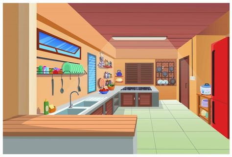 Cartoon image of the kitchen for cooking... | Premium Vector #Freepik #vector #kitchen-cartoon #cartoon-room #kitchen-room #kitchen Cleaning Cartoon, Kitchen For Cooking, Contemporary Kitchen Interior, Kitchen Cartoon, Kitchen Background, Premium Vector Cartoon, Small Dining Area, Japanese Room, Cartoon House