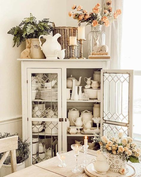 Farmhouse Living Room Bookshelves, Styling The Top Of A China Cabinet, Spring Hutch Decorating Ideas, Decor On Top Of China Cabinet, Top Of Hutch Decor Ideas, Decorating Top Of Hutch Farmhouse, Decorate Top Of China Cabinet, Top Of China Cabinet Decor, Decorate Top Of Hutch