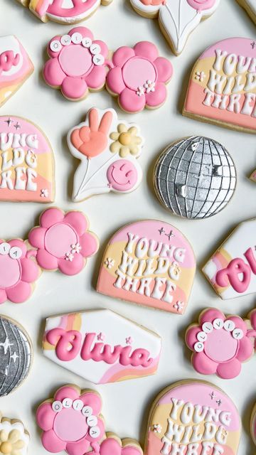 Coachella Cookies Birthday Parties, Groovy Birthday Cookies Decorated, Girly Decorated Cookies, Threenager Cookies, Retro Cookies Decorated, Disco Birthday Cookies, Girly Sugar Cookies, Disco Party Cookies, Disco Cookies Decorated