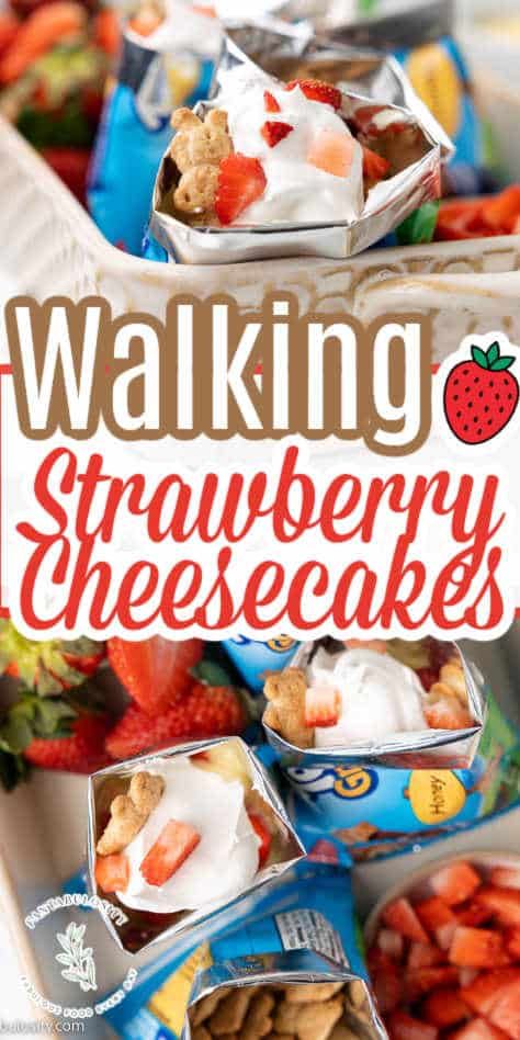 These are perfect walking desserts for a party or for a fun snack after school! Teddy Grahams, Cool Whip, strawberries, yum!! Walking Strawberry Cheesecake Dessert, Walking Cheesecake Dessert, Teddy Graham Recipes, Easy Handheld Desserts, Teddy Graham Snack Ideas, Walking Dessert In A Bag, Walking Desserts, Desserts For A Party, Snack After School