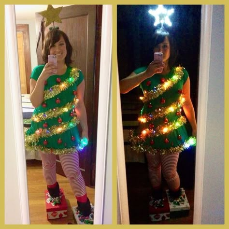 Christmas Ornaments Costume, Dress Up Like A Christmas Tree, Diy Christmas Tree Costume Women, Christmas Tree Dress Up, Shiny And Bright Christmas Outfit, Dress Like A Gift Day At School, Christmas Tree Outfit Kids, Diy Christmas Tree Dress, Dress Like A Christmas Tree For School