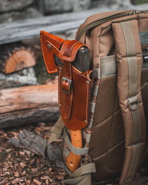 Introducing our Bushcraft Backpack Leather Axe MOLLE Holster, a practical and reliable accessory for outdoor enthusiasts. This holster is handcrafted using durable 3.5mm thick genuine leather and features sturdy 1.2mm waxed stitching for long-lasting performance. Designed with functionality in mind, the MOLLE system allows you to easily attach the holster to your bushcraft backpack or other MOLLE-compatible gear. The adjustable straps and buckles ensure a secure fit for your axe, keeping it with Leather Bushcraft Gear, Bushcraft Backpack, Bushcraft Kit, Outdoor Adventure Gear, Bushcraft Gear, Kayak Camping, Molle System, Leather Gear, Camping Items