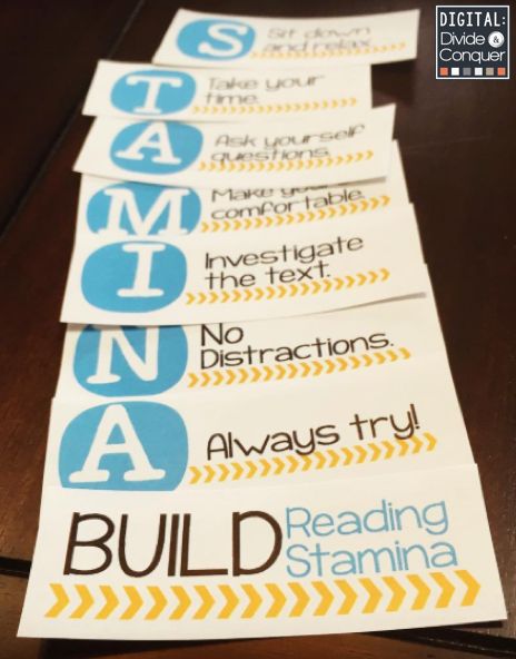 Building reading stamina is a huge key for students.  Use this acronym and poster set so kids can remember practice strategies for success. $ Building Reading Stamina, 40 Book Challenge, Quotes About Reading, Reading Stamina, Building Stamina, Digital Divide, Divide And Conquer, Reading Anchor Charts, School Testing