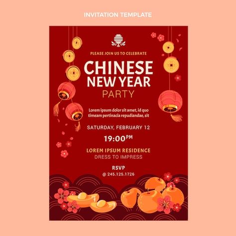 New Year Invitation Template, Chinese New Year Invitation, New Year Invitation, Tet Holiday, Chinese New Year Party, New Year Design, New Year Designs, Lunar New Year, New Years Party