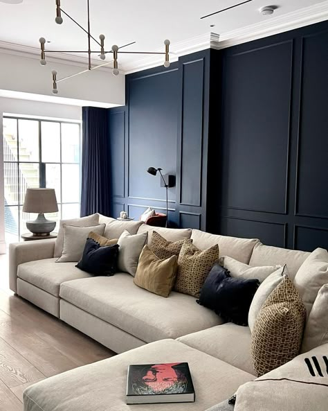 Navy Walls Living Room, Blue And Cream Living Room, Blue Sofa Living, Blue Walls Living Room, Dark Blue Living Room, Navy Living Rooms, Latest Sofa Designs, Navy Blue Living Room, Snug Room