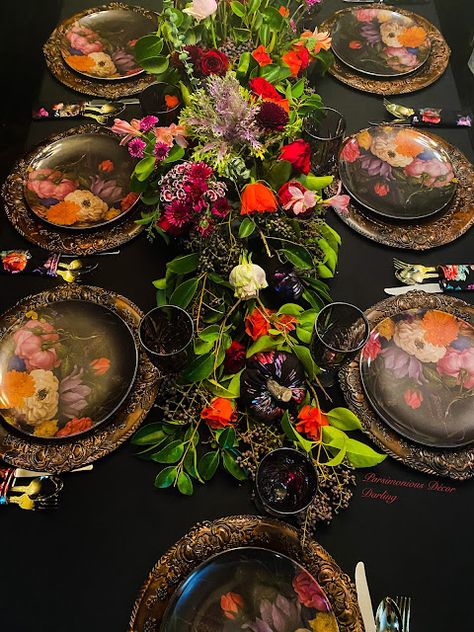 Moody Thanksgiving Table, Moody Maximalist Wedding, Moody Thanksgiving Tablescape, Bright Winter Wedding, Eclectic Tablescape, Fall Jewel Tones, Themed Tablescapes, Friendsgiving 2023, Moody Tablescape