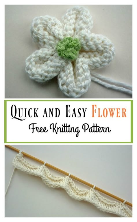 Quick and Easy Flower Free Knitting Pattern #freepattern #knitting #Flower Knitted Flowers Free, Appliques Au Crochet, Knitting Flowers, Knitted Flower Pattern, Knit Flowers, Baby Hat Knitting Pattern, Easy Knitting Projects, Beginner Knitting, Beginner Knitting Patterns