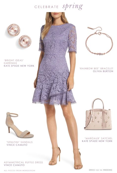 Cute outfit to wear for Easter or to spring weddings. Lavender lace dress for spring. #dresses #easteroutfit #springoutfit #springstyle #purpledress #springdresses First Communion Outfit Guest, Lavender Dress Outfit, Purple Dress Outfit, Purple Dress Outfits, Lavender Lace Dress, Dress For The Wedding, Lavender Outfit, Outfits For Spring, Easter Designs