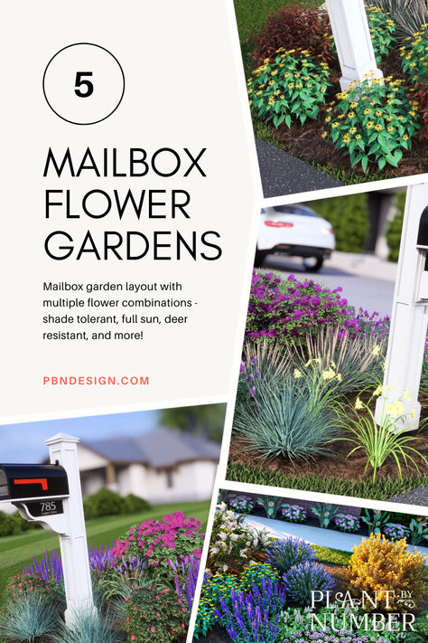 Looking to plant a mailbox flower garden? 📬🌿 You’ll find a ton of mailbox flower garden layouts at Plant By Number! Designs are available for download or printed directly on landscaping fabric for super easy DIYs and low-maintenance flower gardens! Mailbox Flower Bed Ideas Perennials, Low Maintenance Flower Garden, Mailbox Flower Bed Ideas, Mailbox Flower Bed, Mailbox Flowers, Flower Garden Layouts, Mailbox Garden, Beautiful Flower Garden, Mailbox Landscaping