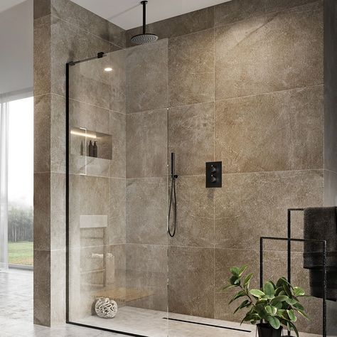 This beautiful showerhead and ceiling arm set has an on-trend design in a stunning Matt Black finish. The showerhead is 250mm wide and ultra-slim giving it a compact, streamlined look.  The ceiling arm is 200mm long, which is an ideal projection for most shower rooms. Matt Finish Bathroom Tiles, Moody Shower Room, Shower From Ceiling, Black Walk In Shower Ideas, Big Showers Walk In, Massive Shower, Large Shower Room, Attic Ensuite, Beautiful Showers