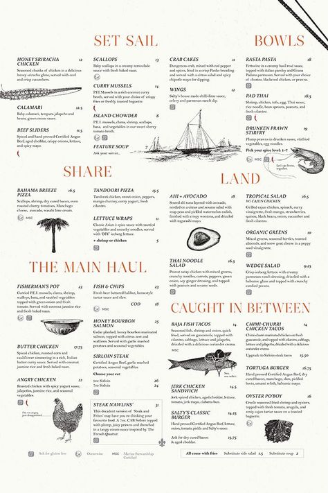 Salty's Beach House | visual communication. graphic design. menu design. restaurant menu. layout. grid. hierarchy. typography. illustration. Beach Restaurant Menu Design, Beach Menu Ideas, Fish Menu Design, Communication Graphic, Restaurant Layout, Menu Design Inspiration, Cafe Menu Design, Seafood Menu, Menue Design