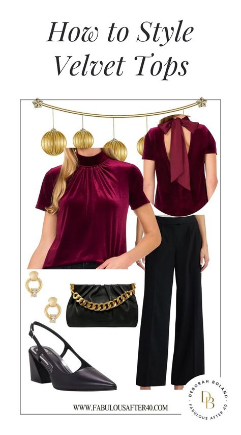 Learn how to style velvet tops with these chic outfit ideas perfect for any occasion. Whether you're dressing up for a night out or looking for casual velvet top looks, these tips will elevate your wardrobe. Velvet is a timeless fabric that can be dressed up or down with ease. Discover the best velvet top outfit ideas and explore chic ways to wear velvet for a sophisticated yet comfortable style. Blue Velvet Top Outfit Ideas, Black Velvet Outfits For Women, Velvet Button Down Shirt Outfit, Red Velvet Top Outfit, Velvet Crop Top Outfit, Velvet Top Outfit, Velvet Shirt Outfit, How To Wear Linen Pants, Velvet Tops Outfit