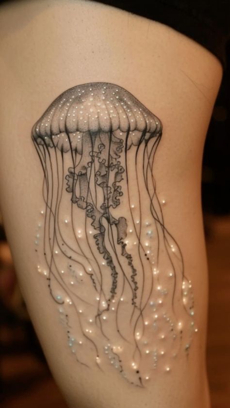 Stunning Female Leg Tattoo Designs: Unleashing Artistry and Expression - Fashion Tips Tricks Women Line Tattoo Design, Pretty Jellyfish Tattoo, Cool Jellyfish Tattoos, Ocean Lower Back Tattoo, Colorful Jellyfish Tattoo, Jelly Fish Tattoo Fine Line, Womens Tattoos Back, Small Unique Tattoos Women, Ocean Hip Tattoo