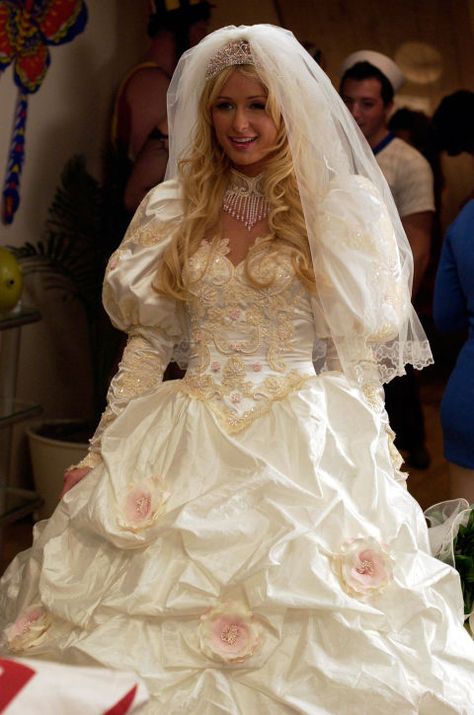 10 Ugliest Wedding Dresses in TV and Movies  - Cosmopolitan.com | weding inspiration | wedding ideas | wedding tips Ugly Wedding Dress, Movie Wedding Dresses, Worst Wedding Dress, Hilton Wedding, Tv Weddings, Wedding Dress Gallery, Celebrity Wedding Dresses, Wedding Movies, Celebrity Wedding