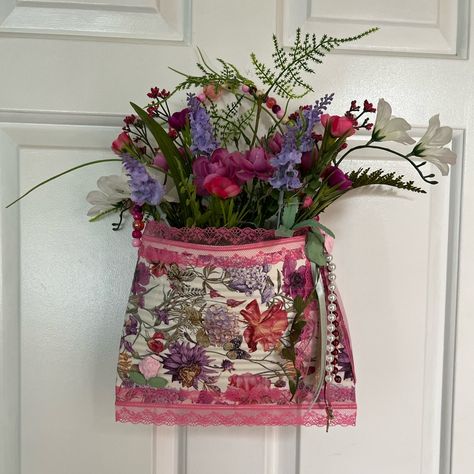 Adorable Decorated Oversized Tin Can Pink With Multi Colors / Lace Decorated Around Entire Piece / Lace & Beads Down Side / Beaded Handle Made If You Want To Hang On Door Knob/Filled With Flowers & Greenery Size 14 Inch Long 9 Inch Wide. Nwt Handmade Tin Can Pockets, Flowers Made From Tin Cans, Decopage Ideas Tin Cans, How To Make Tin Can Wall Pockets, Flower Arrangements In Tin Cans, Pocket Posies Tin Cans, Decoupage Tins, Recycled Tin Cans, Tin Can Art