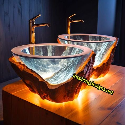 These Bath Counters Made from Wood, Crystal, and Epoxy are Redefining Bathroom Luxury – Inspiring Designs Powder Bathroom Ideas, Seni Resin, Green Tile Bathroom, Bathroom Luxury, Fantasy Furniture, Eclectic Bathroom, Maximalist Decor, Bathroom Wall Tile, Bathroom Sinks