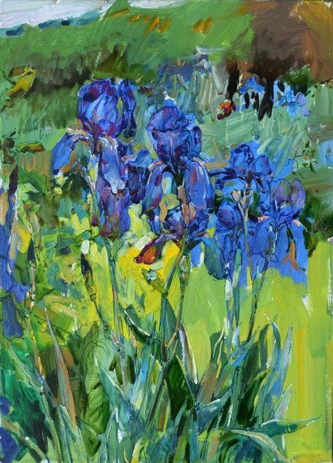 Blue Iris Painting, Iris Painting Acrylic Abstract, Abstract Iris Painting, Impressionist Flowers, Impressionist Still Life, Landscape Blue, Flowers Paintings, Iris Painting, Floral Landscape