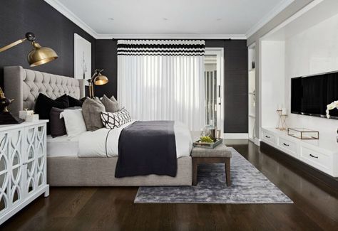 hamptons-style-master-bedroom-with-tufted-headboard-and-dark-floor Hamptons Style Bedrooms, New Hamptons Style, Hamptons Bedroom, Hamptons Style Interior, Dark Floors, Coastal Bedrooms, Hamptons House, Hamptons Style, Bedroom Styles