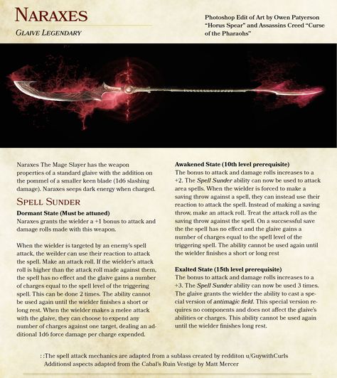 Naraxes the Mage Slayer Legendary Magic Glaive  #dnd #dungeonsanddragons #dnd5e Dnd 5e Magic Halberd, Legendary Magic Items 5e, Dnd 5e Magic Glaive, Dnd 5e Homebrew Items Legendary, Legendary Items 5e, Dnd Legendary Armor, Magic Glaive, Glaive Dnd, Dnd Halberd