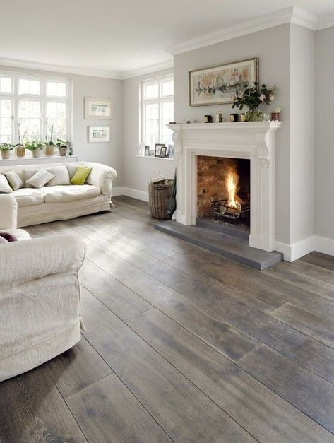 Grey Wood Floors Living Room, Grey Wood Floors Kitchen, Modern Farmhouse Style Living Room, Farmhouse Style Living Room Decor, Living Room Hardwood Floors, Grey Walls Living Room, Floor Refinishing, Hardwood Floor Colors, Living Room Wood Floor