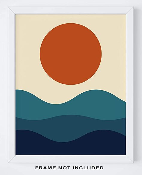 Amazon.com: Abstract Geometric Sunrise And Sunset Sea Ocean Waves Wall Art Print - 11x14" UNFRAMED Print - Modern, Minimal Ocean And Sun Wall Decor - Scandinavian, Nordic, Mid Century Modern Decor: Handmade Modern Sunset Art, Easy Home Decor Diy Room Ideas, Minimal Geometric Art, Minimalist Ocean Painting, Ocean Waves Drawing Simple, Easy Modern Art Paintings, Modern Painting Ideas, Cool Paintings Ideas, Diy Art Work