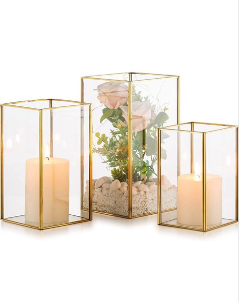 Candle Holder Glass - Set of 3 Decorative Candle Lantern for Pillar, Tempered Glass Candleholder Outdoor for weddings. Gold Pillar Candle Holders, Floating Candle Vase, Gold Pillar Candles, Halloween Living Room, Table Centerpiece Decorations, Gold Lanterns, Small Candle Holders, Lantern Candle Decor, Large Candle