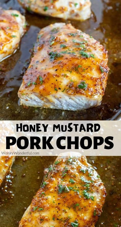 Another easy baked boneless pork chop recipe for those busy weeknights. These Honey Mustard Pork Chops are a tender, flavorful and inexpensive dinner idea.  #porkchoprecipes #bonelessporkchoprecipes #honeymustardporkchops #easydinnerrecipes #dinnerrecipes Uses For Pork Chops, Recipes Using Boneless Pork Chops, Recipe For Tender Pork Chops, Best Boneless Pork Chops Ever, Pork Chop No Bone Recipes, Boneless Chops Recipes, Amazing Pork Chop Recipes, Port Chops Recipes Easy Dinners, Mustard Pork Chop Recipes