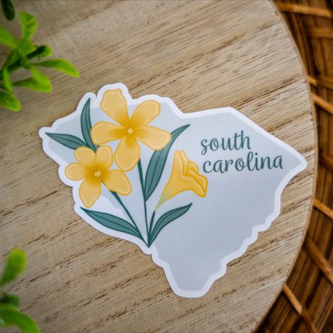 This beautifully colored South Carolina State Sticker features the Jessamine flower. This is a waterproof sticker made from high quality matte vinyl. Follow me on Instagram at @joyfulheartstudios South Carolina State Flower, Jessamine Flower, Yellow Jessamine, State Stickers, Feb 5, Tattoo Sleeve, Historical Society, Waterproof Stickers, Future Tattoos