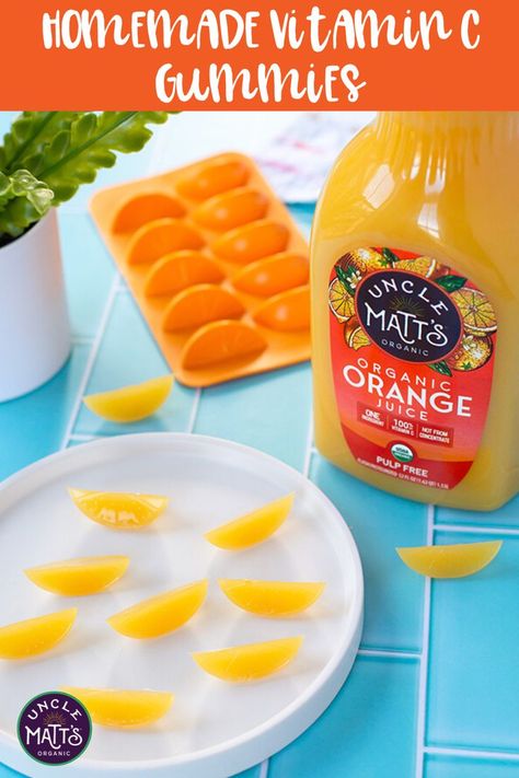 Make homemade Vitamin C Gummies that the whole family will love! Just like Uncle Matt’s Organic Orange Juice, each gummy is filled with vitamin C, potassium, folate, no added sugar and great taste, of course! They’re easy to make, and eat! Our vitamin C gummies are a great addition to supporting a healthy lifestyle, especially during cold and flu season. Juice Gummies, Gummy Recipe, Homemade Orange Juice, Orange Juice Recipes, Organic Orange Juice, Vitamin C Gummies, A Healthy Lifestyle, Juicing Recipes, Orange Juice