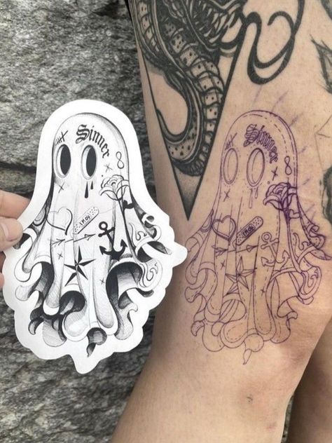 Evil Tattoos, Ghost Tattoo, Wicked Tattoos, Tattoo Zeichnungen, Elbow Tattoos, Creepy Tattoos, Tattoo Style Drawings, Dope Tattoos, Tattoo Design Drawings