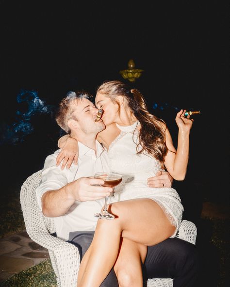 Wedding, wedding photos, couple, married, cigars, espresso martini, second look, short wedding dress Photo Shoot With Cigars, Bar Pre Wedding Photoshoot, Martini Engagement Photos, Cigars At Wedding, Backyard Engagement Shoot, Wedding Cigars Ideas, Couples Bar Photoshoot, Spicy Wedding Photos, Wedding Joints